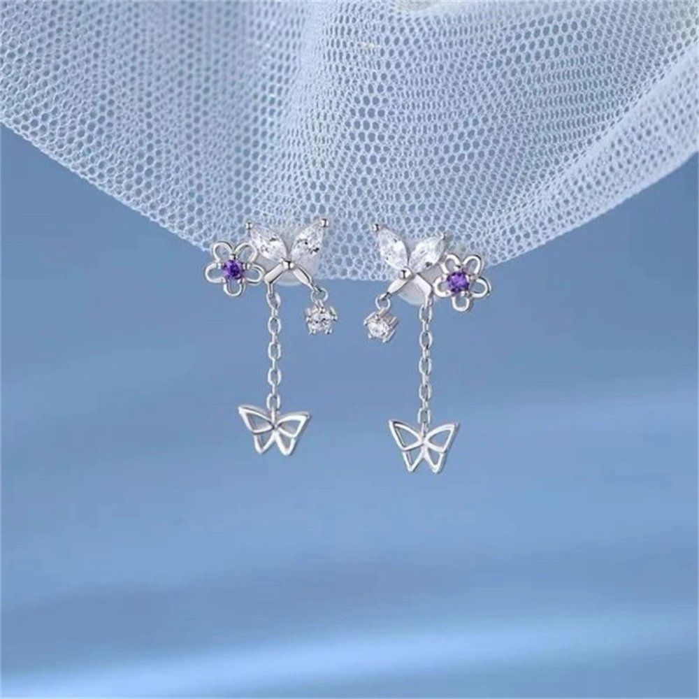 NEW S925 Silver Crystal Butterfly Tassel Earrings
